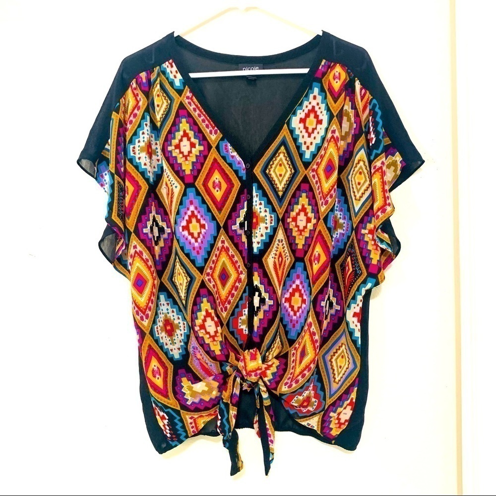 NICOLE MILLER•Aztec front tie blouse women size L